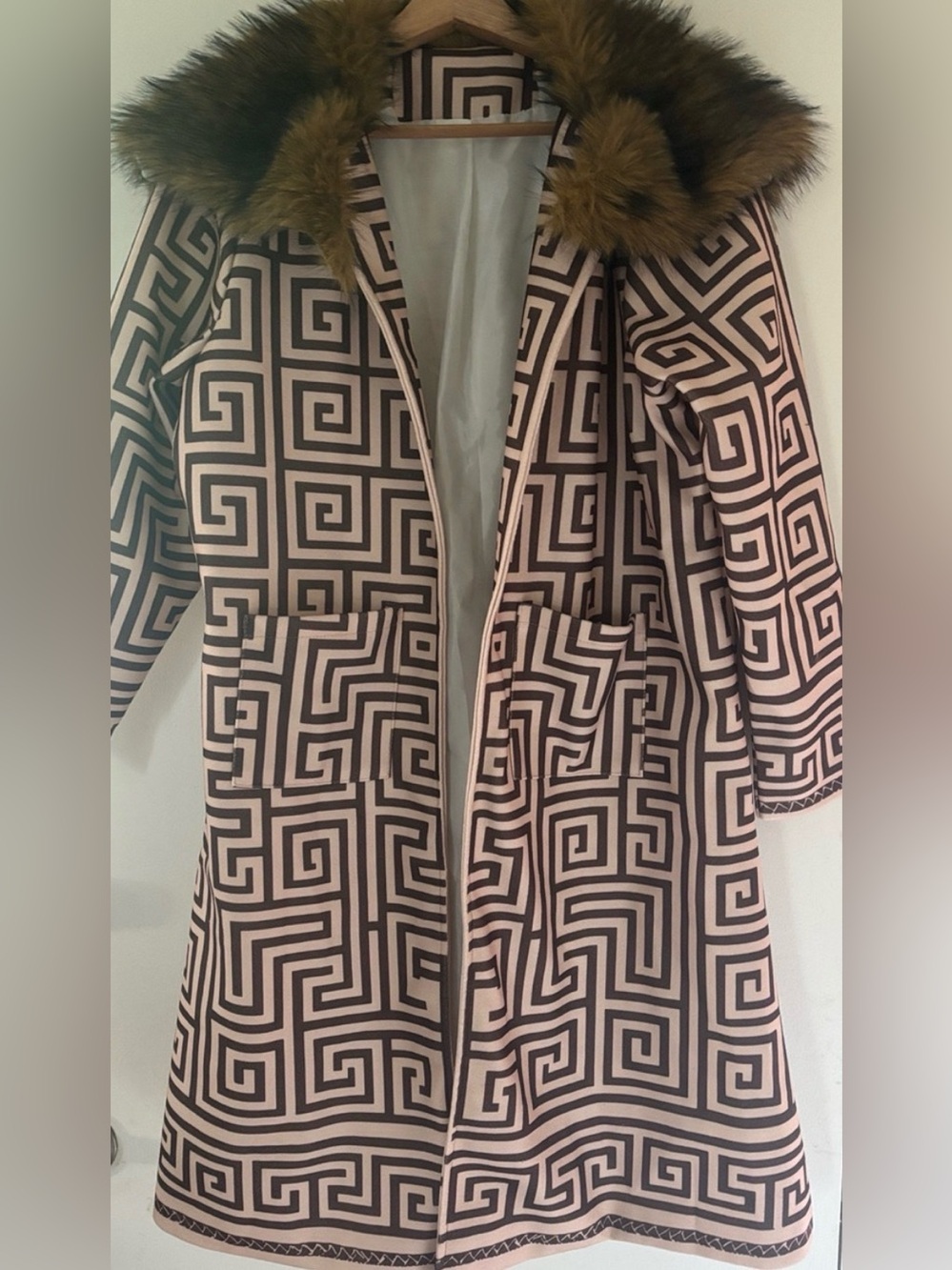 Graphic Maze Print Long Coat in Black & Cream